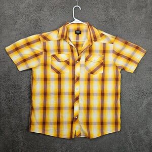 Gioberti Mens XL Western Pearl Snap Shirt Short Sleeve Plaid Yellow Orange Brown